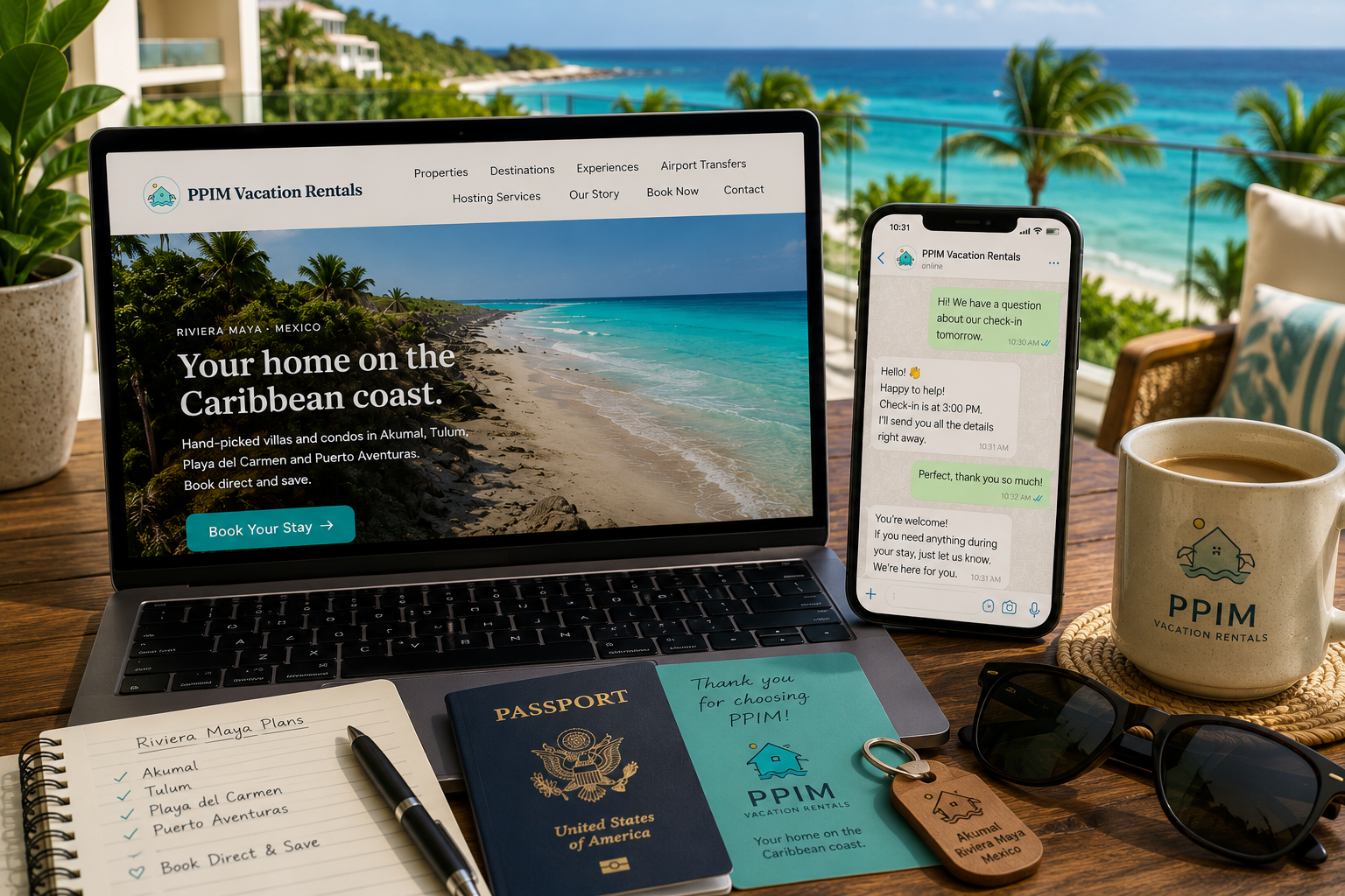 PPIM Vacation Rentals website open on a laptop and WhatsApp support on a smartphone, with the Riviera Maya Caribbean coast in the background