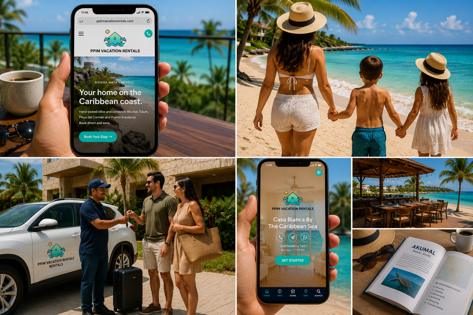 PPIM Vacation Rentals service collage showing the mobile website, family on the beach, rental car welcome, property guidebook app, and Akumal travel guide