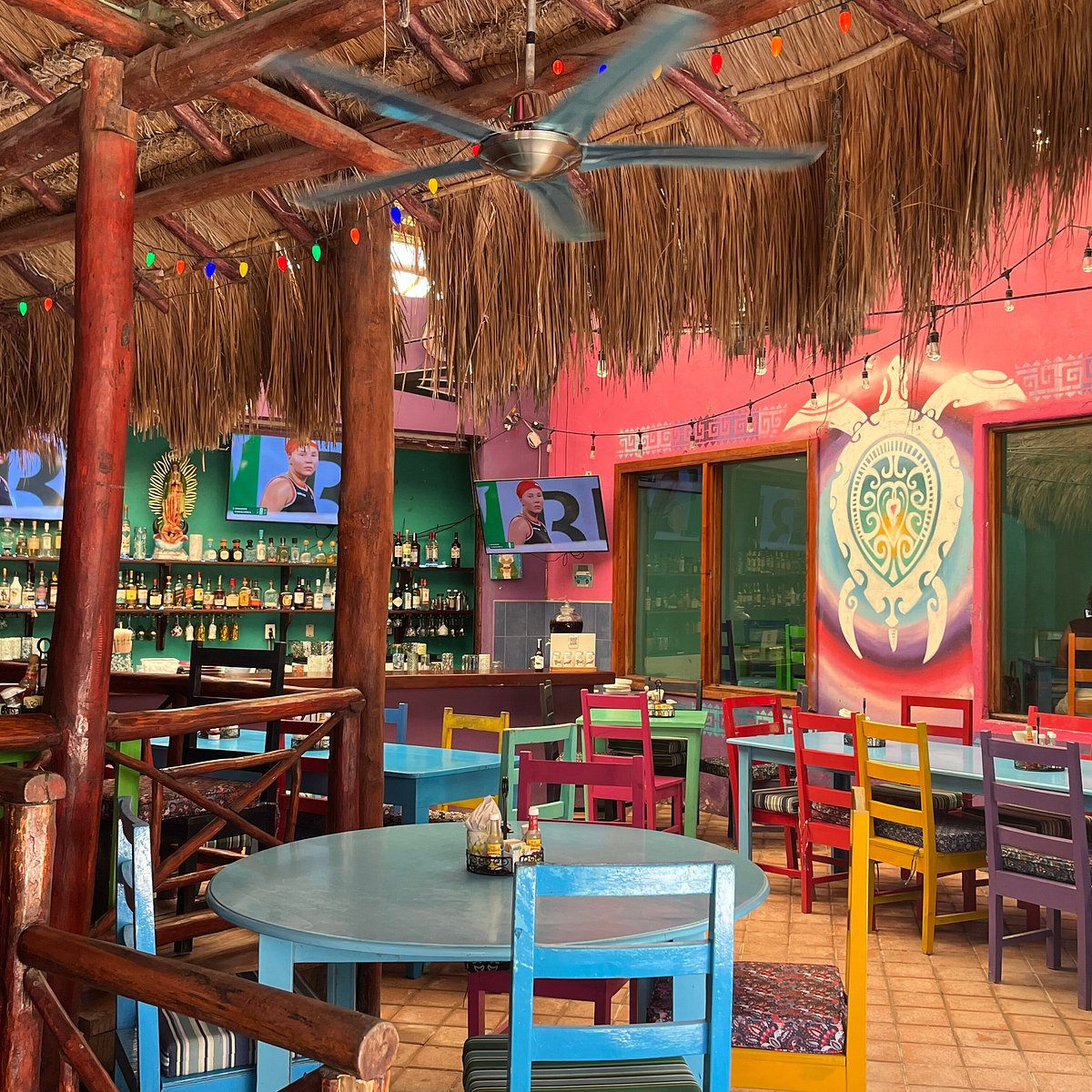 Colorful open-air Turtle Café interior with palapa roof, vibrant painted chairs, and a bar lined with bottles