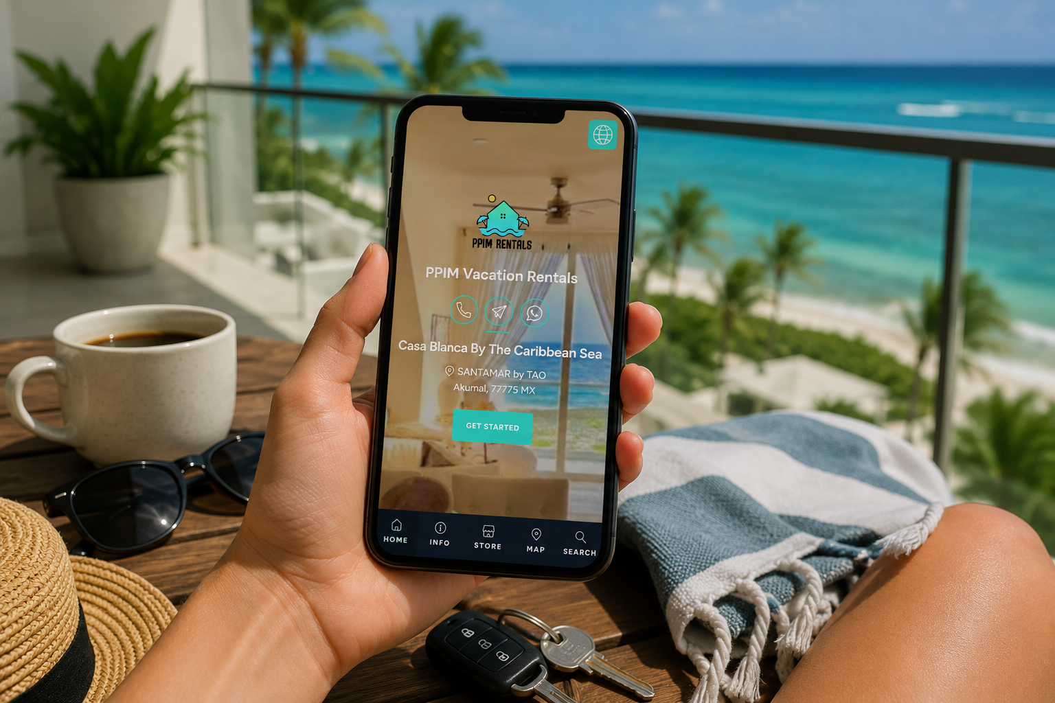 Guest holding a smartphone showing the PPIM Vacation Rentals digital guidebook with a Caribbean beach balcony in the background