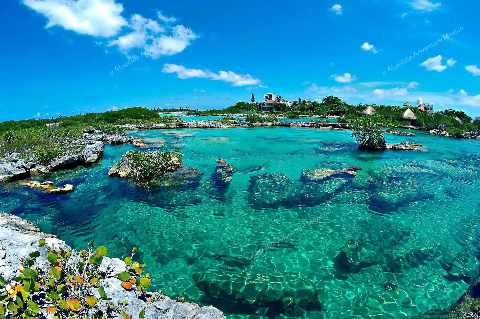Rocky inlet of Yal-Ku Lagoon with clear water and mangroves