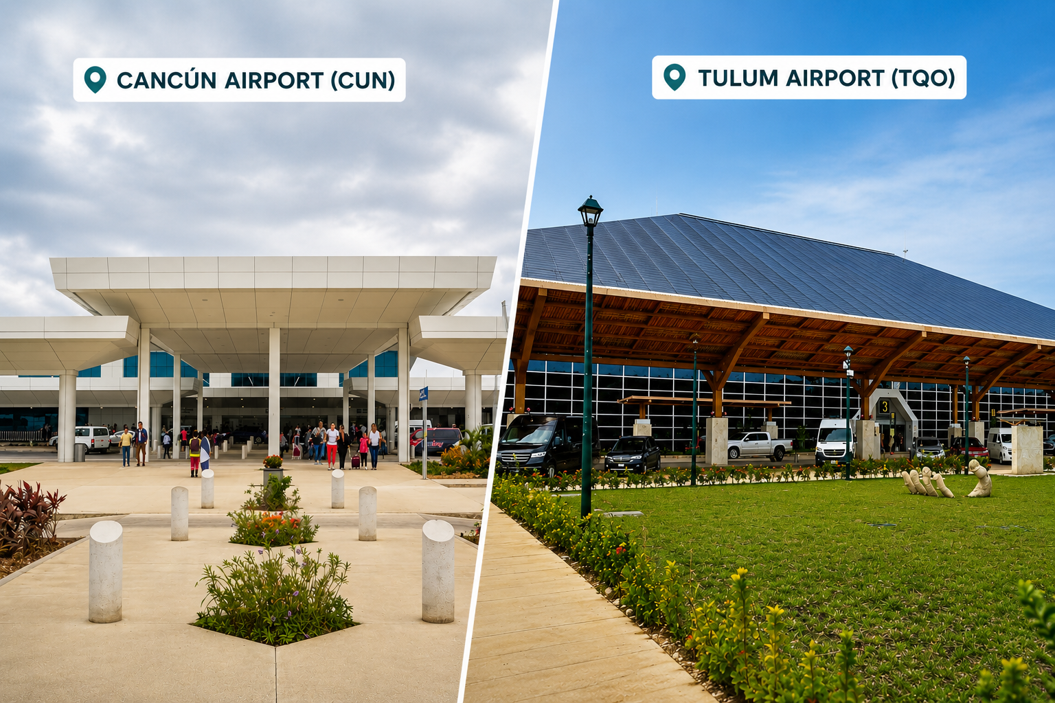 Split comparison of Cancun International Airport (CUN) and Tulum International Airport (TQO) terminal exteriors