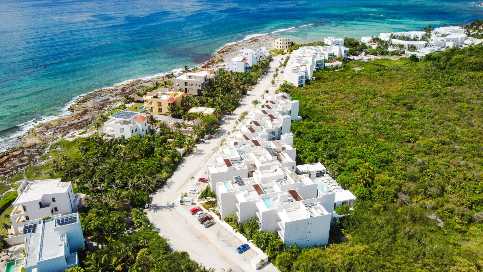Aerial view of Akumal and Riviera Maya vacation rentals along the Caribbean coastline