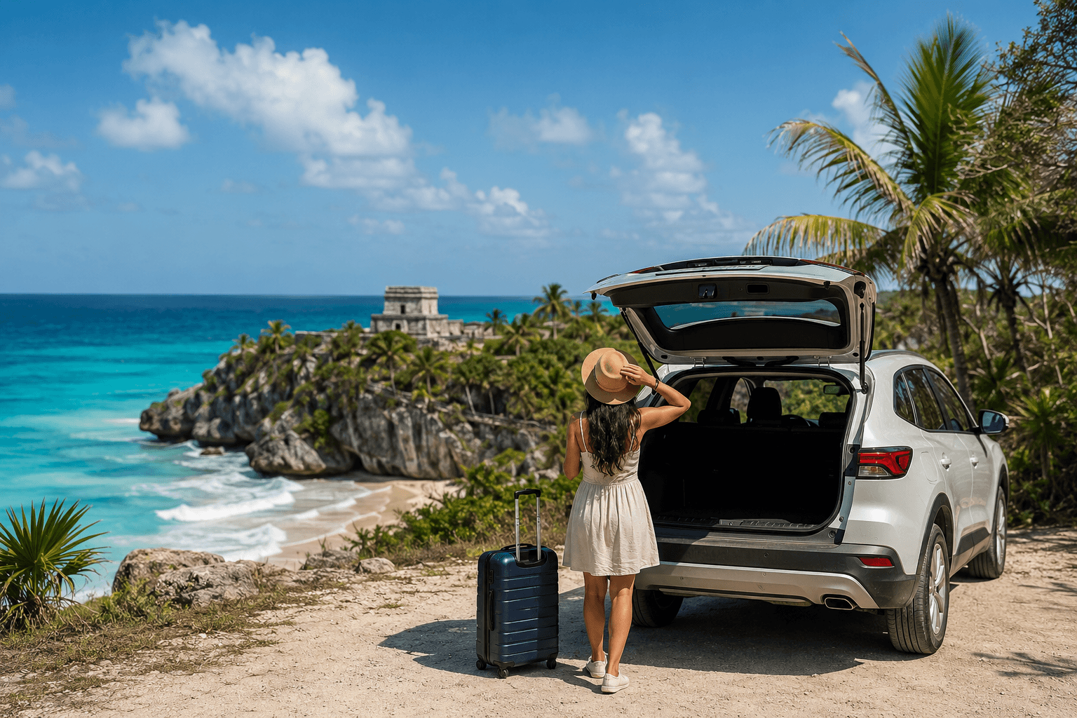 Traveler with a rental SUV overlooking the Tulum ruins and Caribbean coast