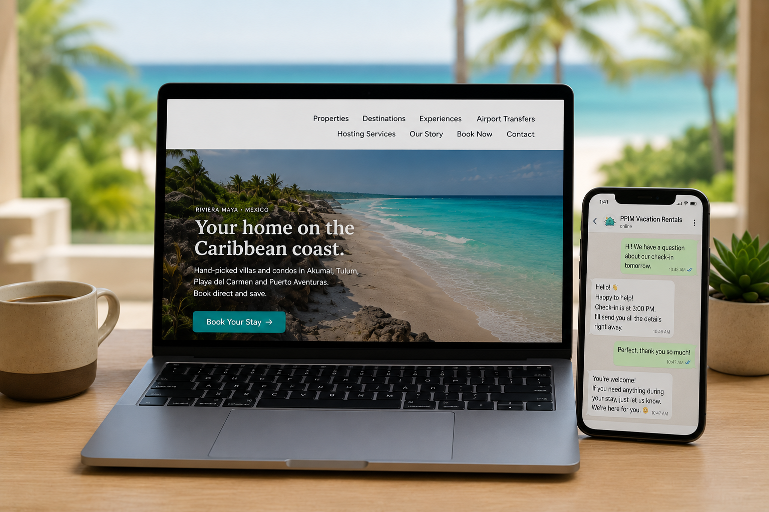 Laptop and smartphone showing the PPIM Vacation Rentals website and WhatsApp support chat on a beachside desk