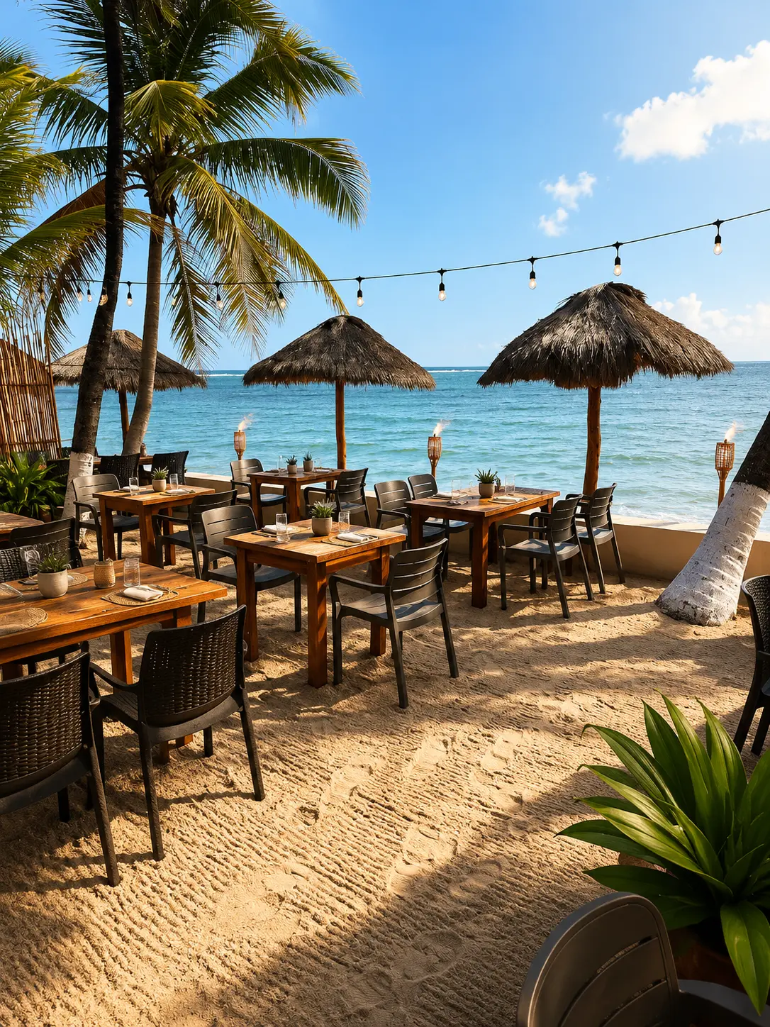 Beachfront dining at La Lunita with palapa umbrellas, string lights, and turquoise Caribbean views