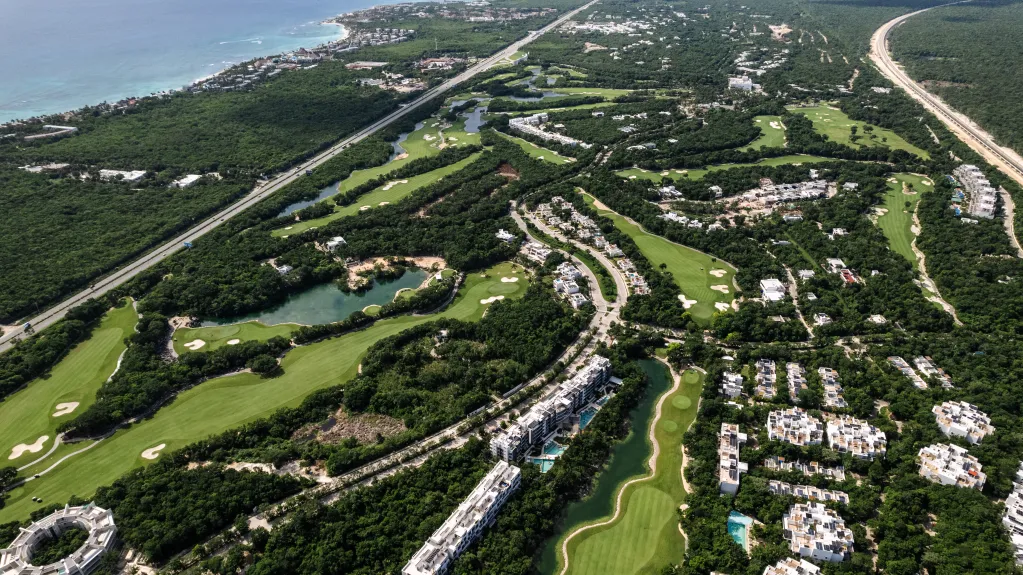 Aerial view of Tulum Country Club golf course and residences near Akumal in the Riviera Maya