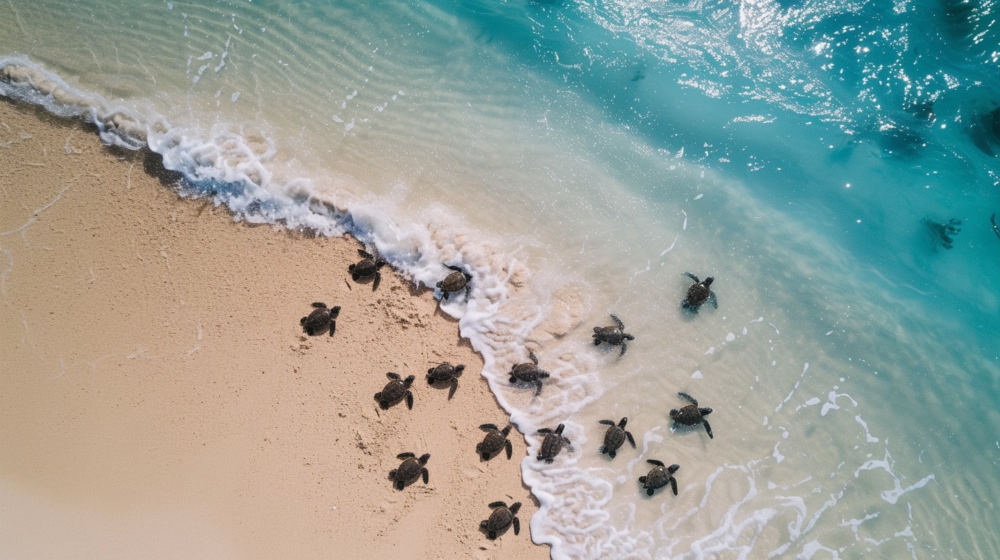 Dozens of tiny sea turtle hatchlings making their way across the sand toward the turquoise Caribbean Sea