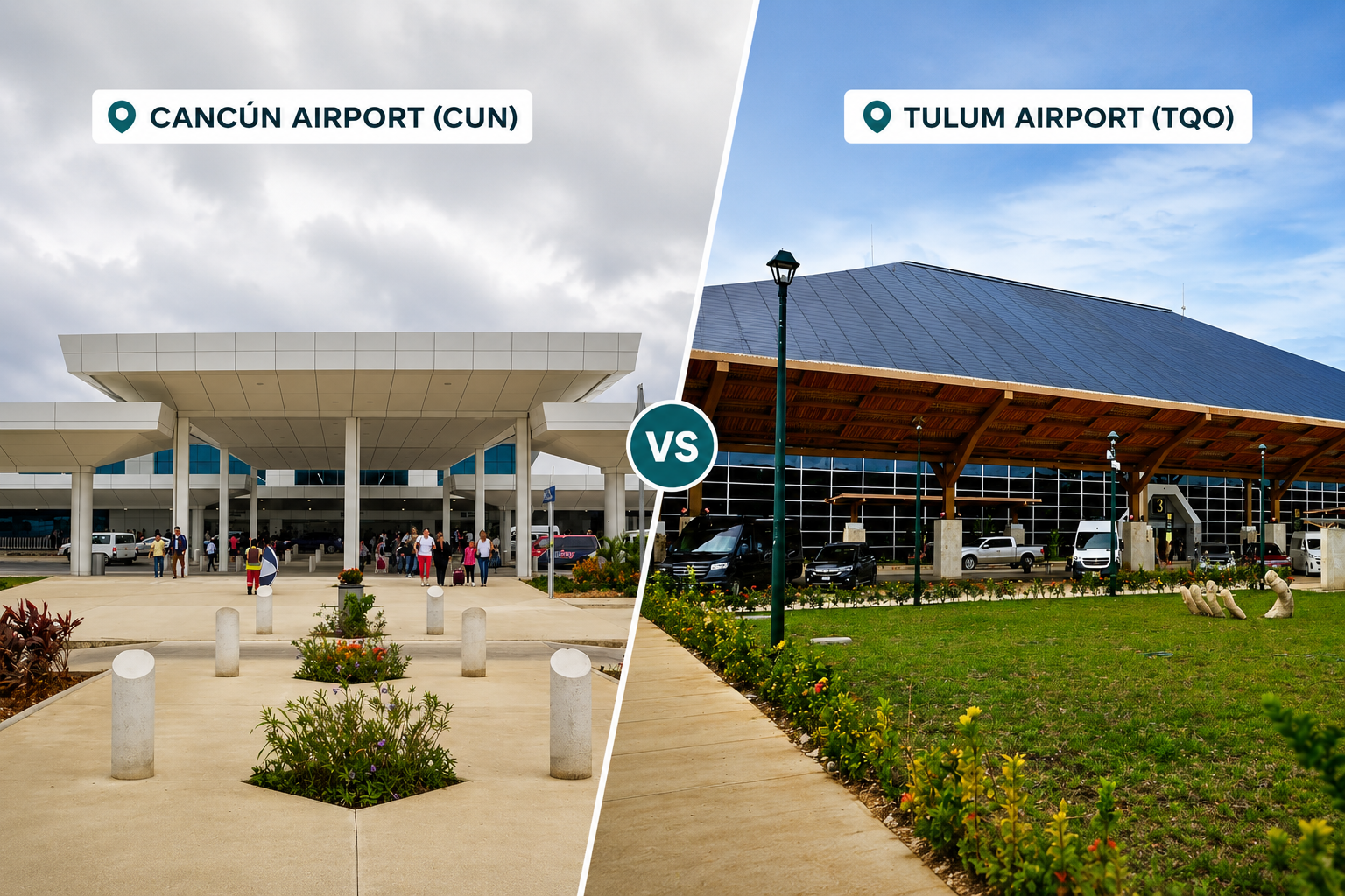 Split comparison of Cancun International Airport (CUN) and Tulum International Airport (TQO) terminals with location pins and VS badge
