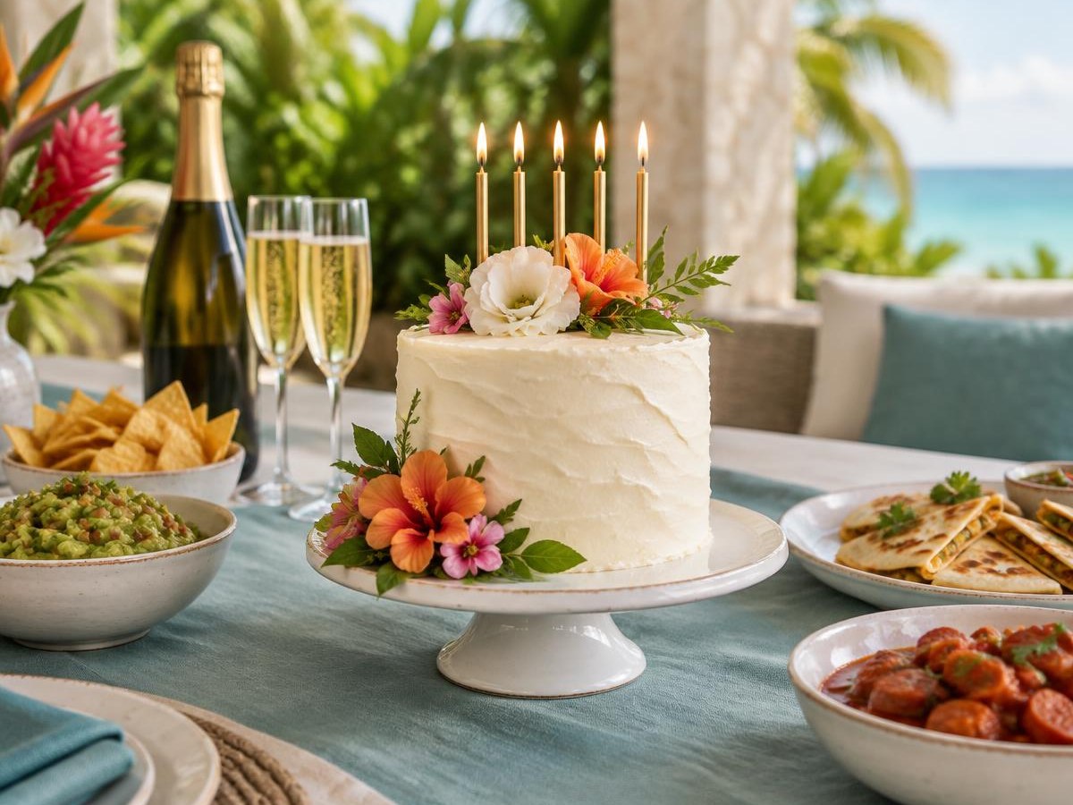Imagen ilustrativa de pastel de cumpleaños con velas, flores y una mesa de celebración