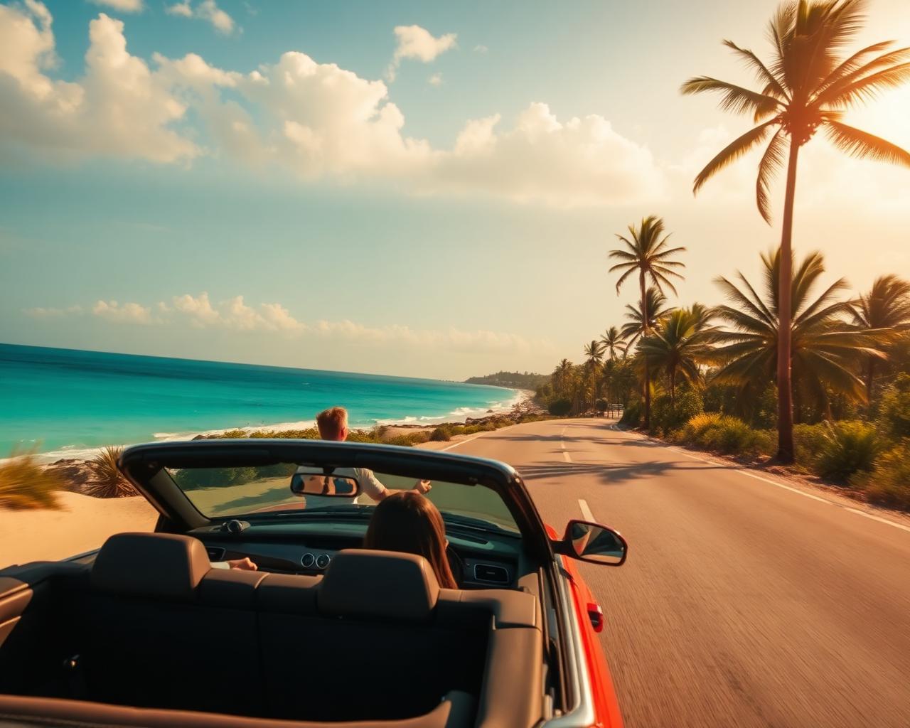 Convertible driving along a Caribbean coastal road in the Riviera Maya