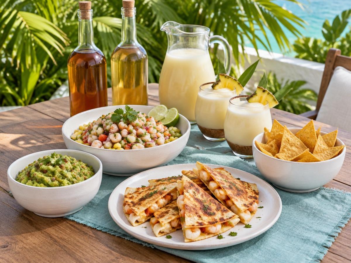 Imagen ilustrativa de ron y bebidas de coco con ceviche, quesadillas de camarón y guacamole
