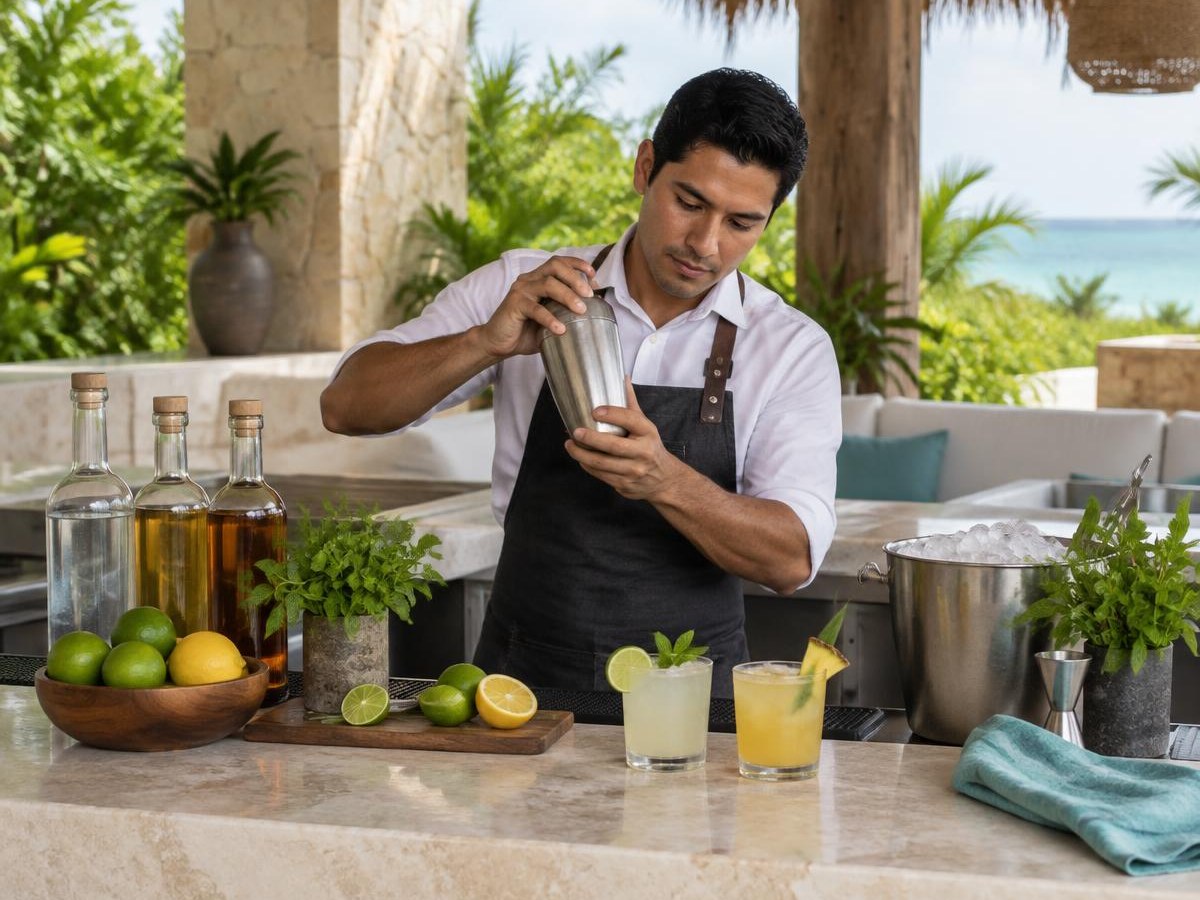 Imagen ilustrativa de un bartender preparando cocteles en un alojamiento tropical; no representa al personal del proveedor