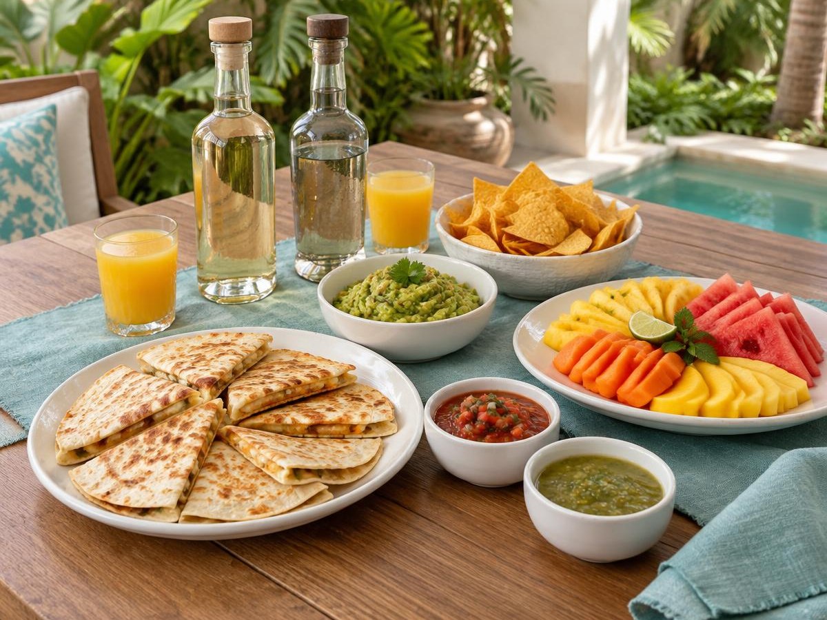 Imagen ilustrativa de una bienvenida tropical con destilados de agave, quesadillas, fruta y guacamole