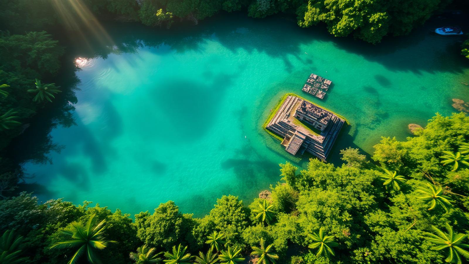 Turquoise cenote surrounded by lush jungle with Mayan ruins in the Riviera Maya