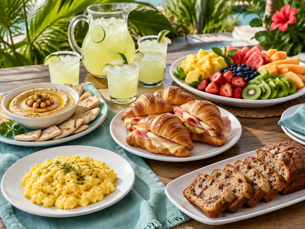 Imagen ilustrativa de desayuno con margaritas, fruta, hummus, croissants, huevos y panqué de frutas