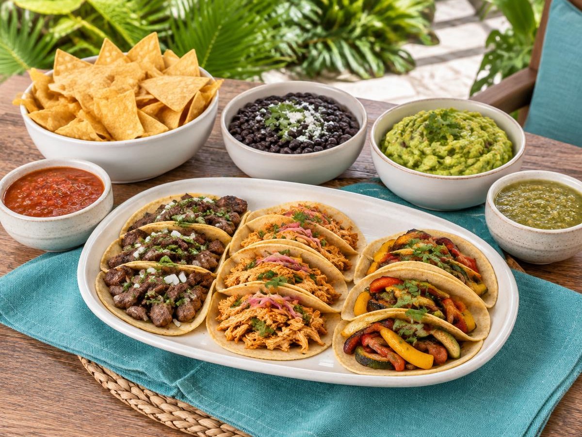 Imagen ilustrativa de tacos de res, pollo y verduras con frijoles, guacamole y salsas