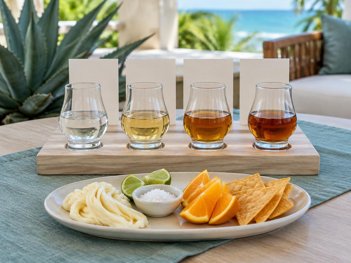 Imagen ilustrativa de una cata de cuatro tequilas con agave y maridaje ligero
