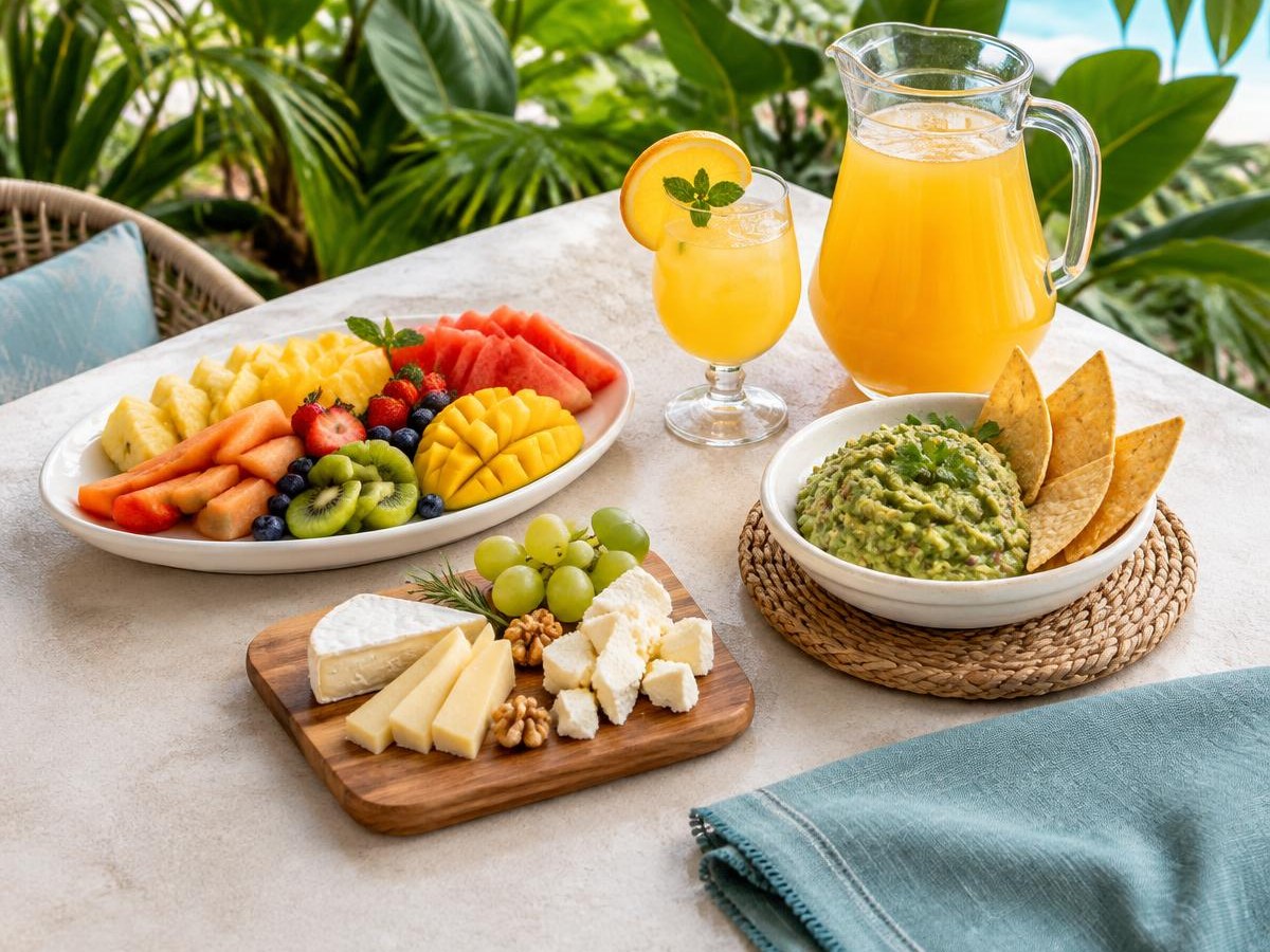 Imagen ilustrativa de bienvenida con fruta, una pequeña tabla de quesos, guacamole, jugo y una bebida